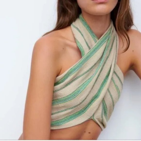 Zara Cream and Green Halter Top - Picture 2 of 3